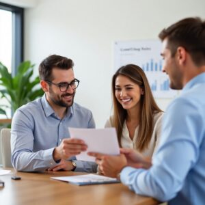 Couple discussing mortgage options with a financial advisor.